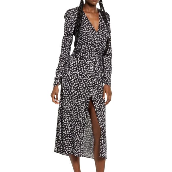 AFRM Dresses & Skirts - NEW AFRM Nordstrom Madsen Dress Black Women Size M Long Sleeve Ditsy Floral Slit